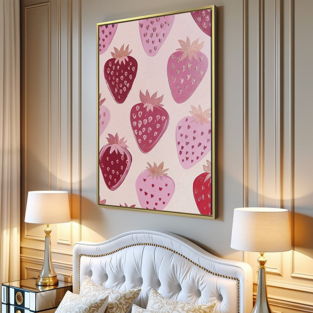 Canvas Print featuring a whimsical strawberry pattern in shades of pink and red, perfect for adding a pop of color to any space!
