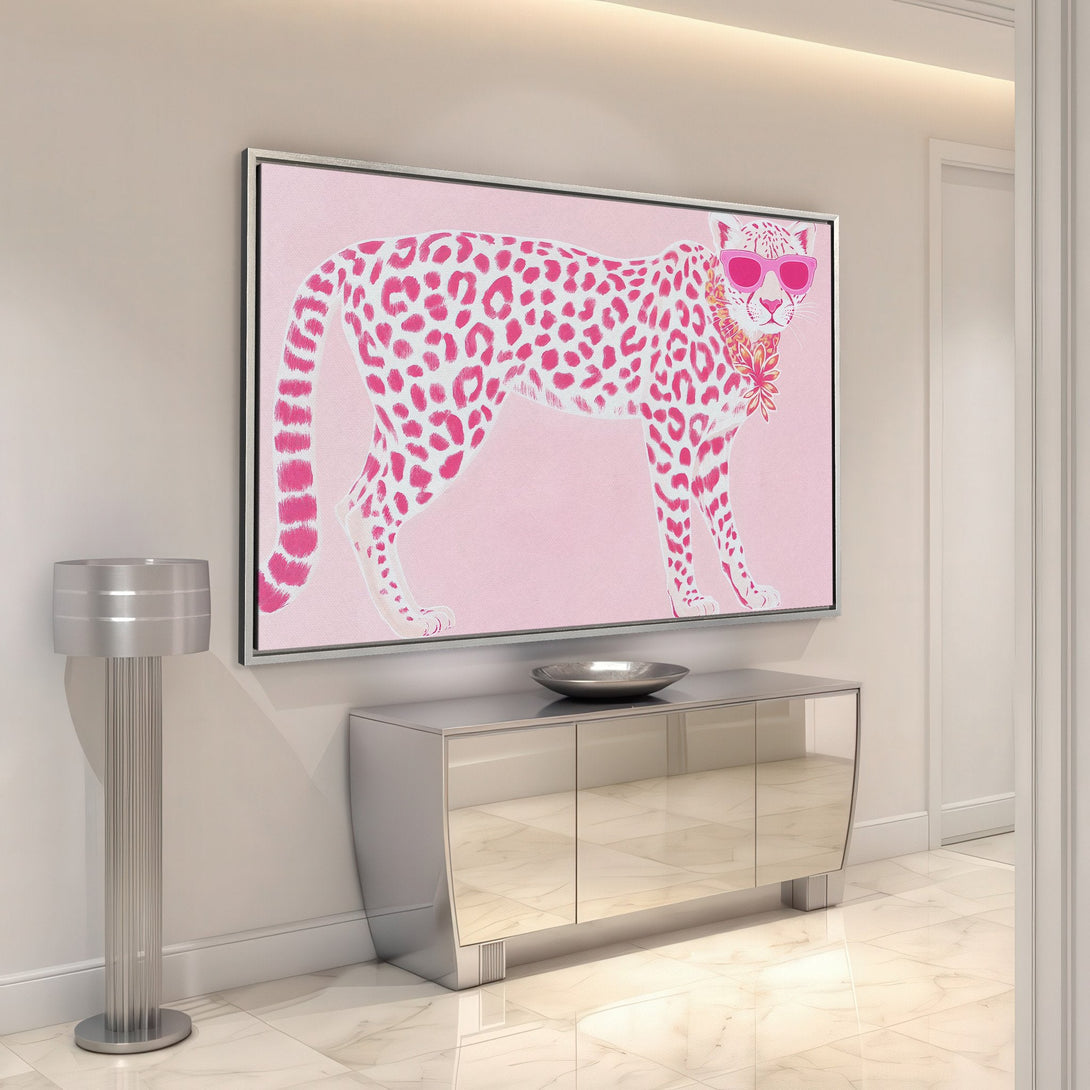 Framed Wall Art: Playful pink cheetah print canvas adds a touch of whimsy to any space. Modern art with a pop of color for stylish home decor.