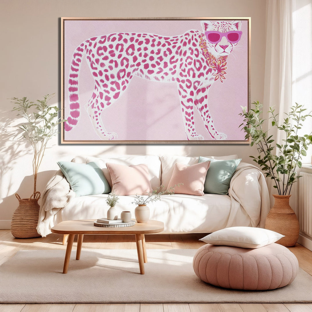 Framed Wall Art: Pink leopard print canvas in a stylish living room. Modern art with a pink and white color palette, perfect for adding a pop of color.