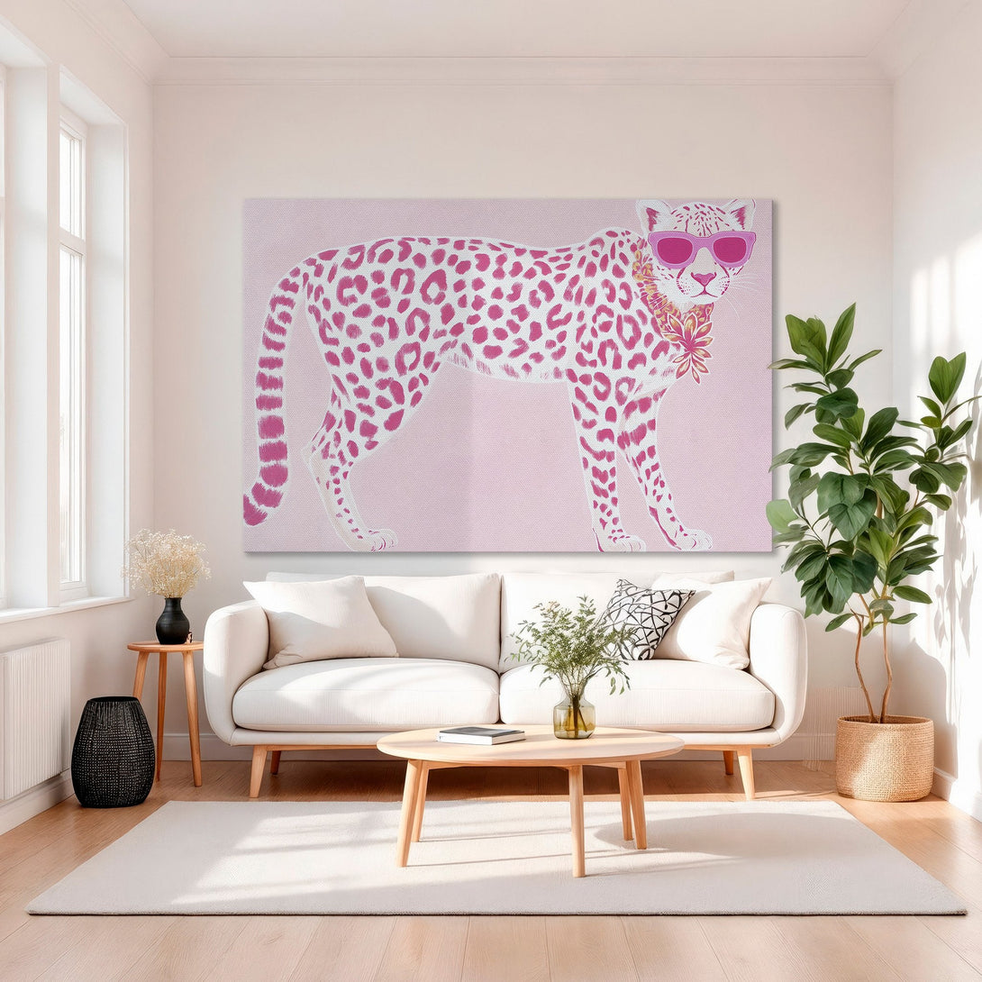 Framed Wall Art: Pink cheetah print canvas. Modern, stylish artwork in a pink and white color palette, perfect for adding a pop of color to any room.