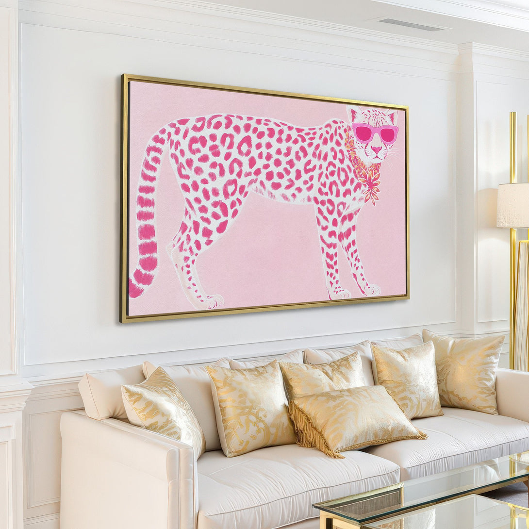 Canvas Print: Stylish pink cheetah art in a modern living room. Featuring a pink and white color palette, perfect for adding a pop of fun to any space.