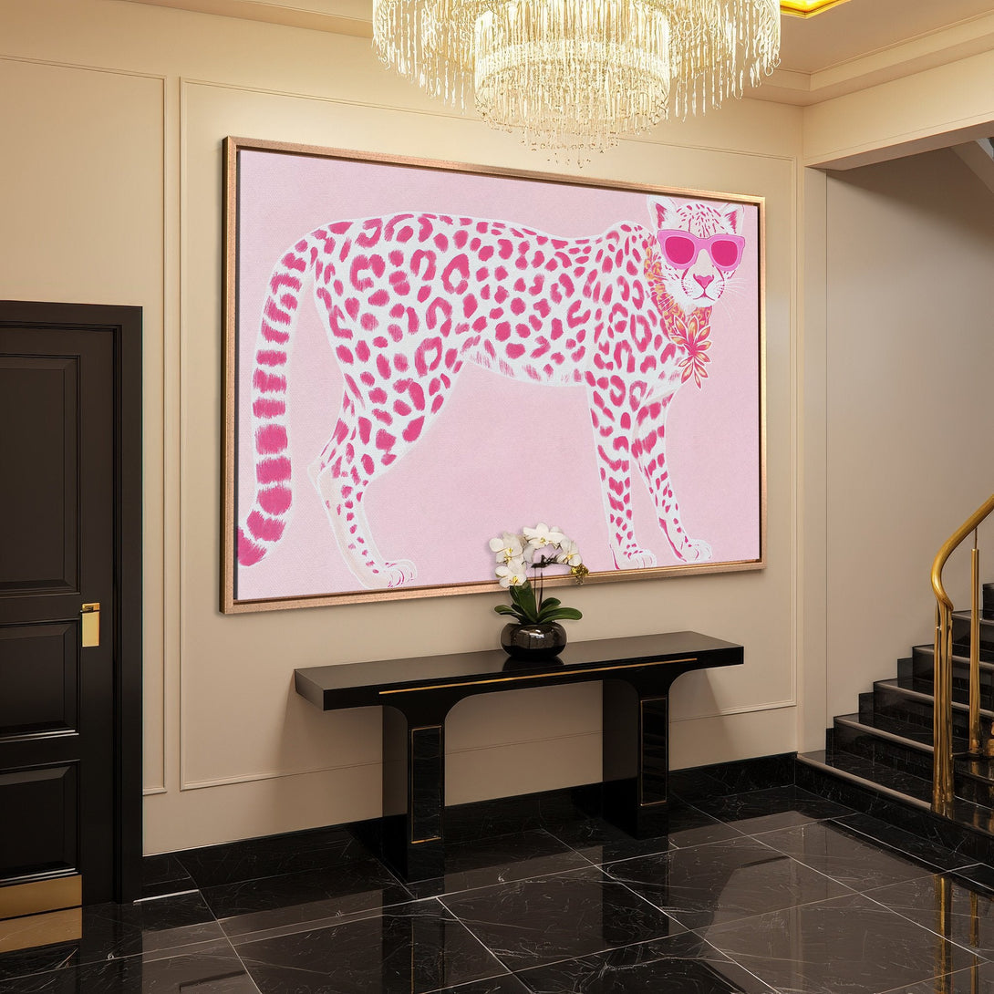 Framed Wall Art: Pink cheetah canvas print in a chic entryway. Modern style with pink and white color palette, perfect for adding a pop of personality.