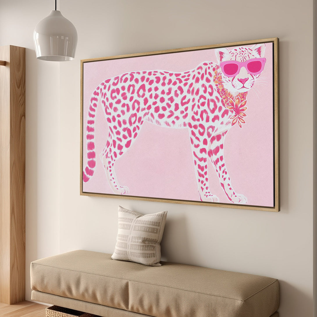 Framed Wall Art: Pink leopard print canvas. Whimsical animal art with a pink and white color palette. Perfect for modern home decor.