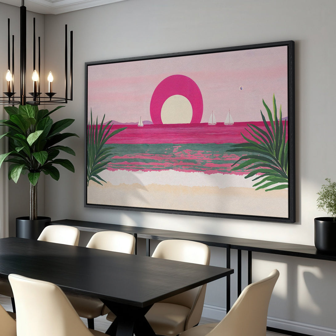 Framed Wall Art: Abstract beach scene canvas print with pink, green, and white color palette. Coastal art perfect for modern home decor.