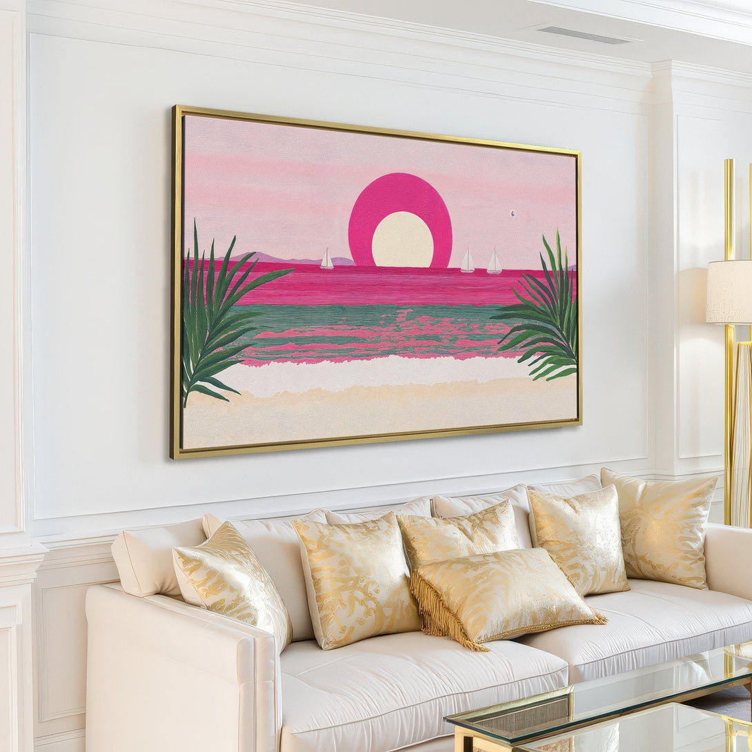 Canvas Print: Coastal sunset art in a modern interior. Pink, magenta, and green color palette. Perfect for adding a touch of serenity to your space.