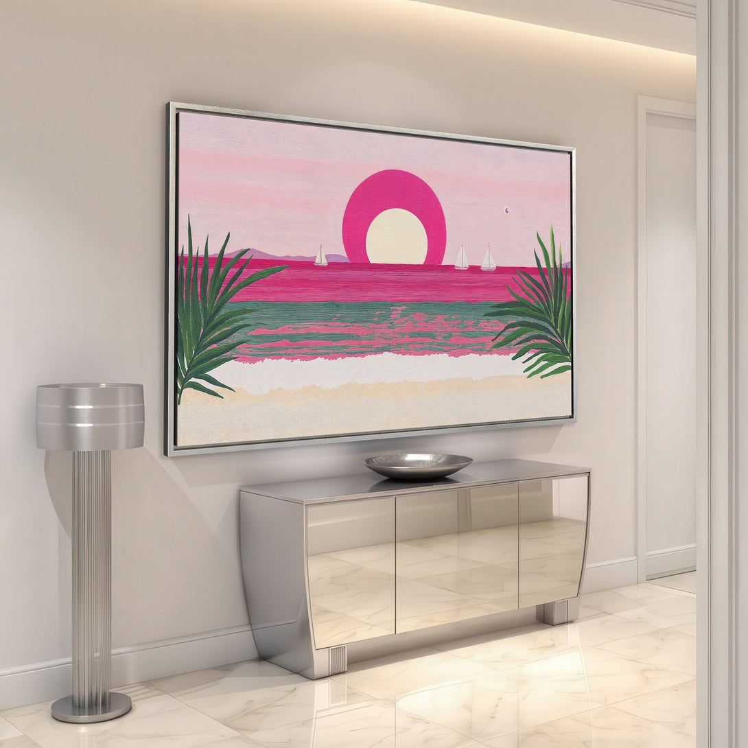 Framed Wall Art: Coastal sunset scene Canvas Print in pink, green, and beige. Modern art for a stylish interior. Shop now for beach-inspired decor!