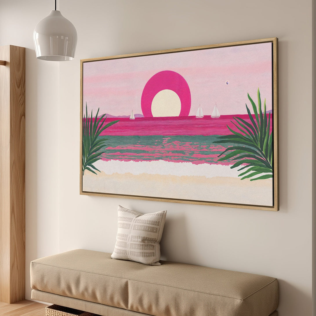 Framed Wall Art: Abstract sunset beach scene in pinks and greens. Modern art canvas print adds a pop of color and style to any room.