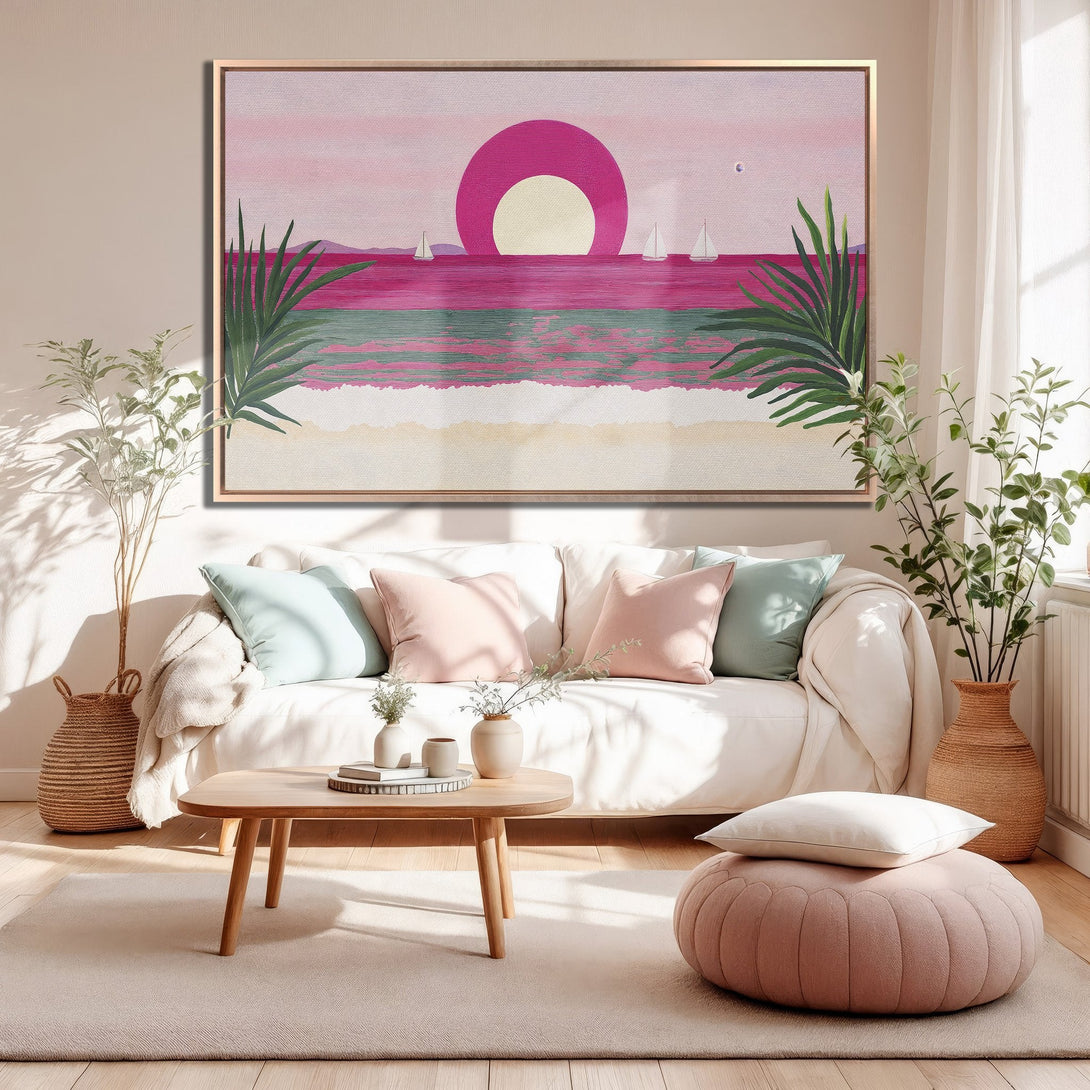 Framed Wall Art: Modern sunset beach scene in pink and green. Coastal art canvas print adds a pop of color and style to any room.