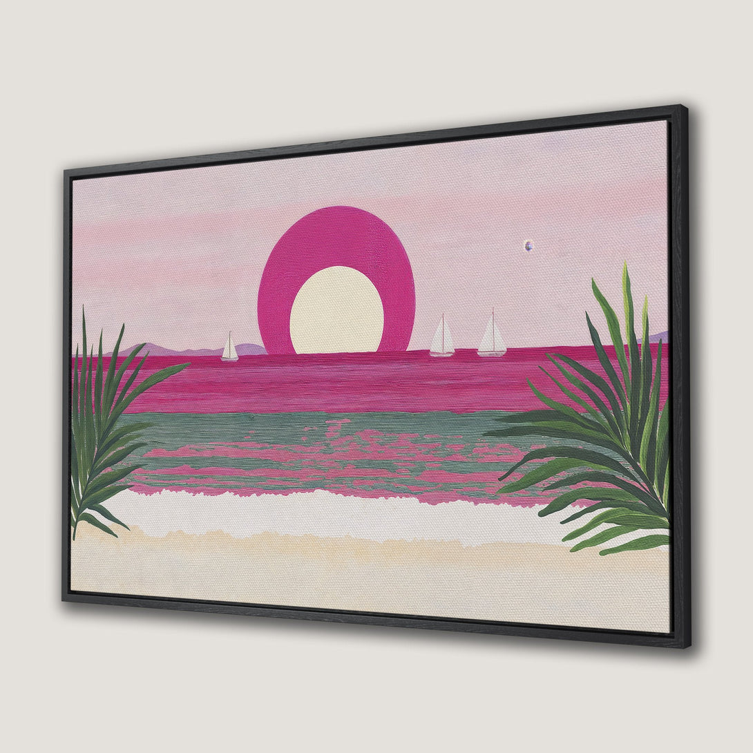 Framed Wall Art: Tropical sunset canvas print with pink, green, and beige color palette. Modern art depicting beach scene with sailboats. Perfect for coastal decor.