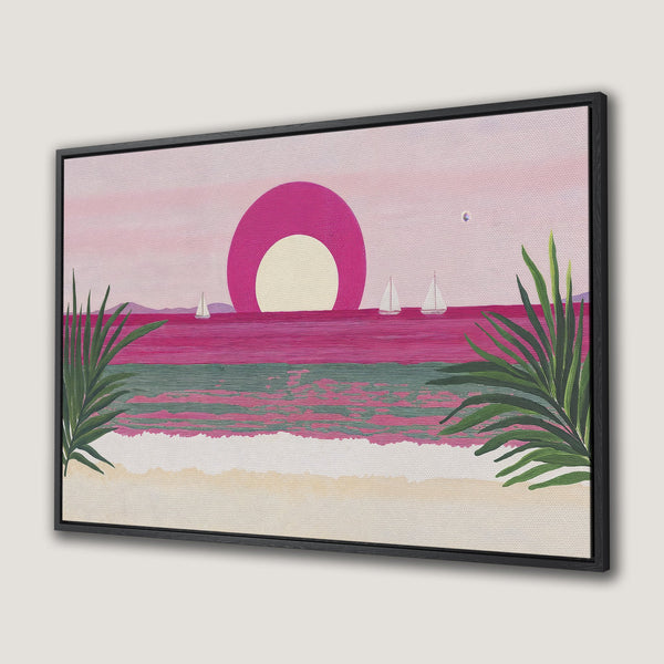 Framed Wall Art: Tropical sunset canvas print with pink, green, and beige color palette. Modern art depicting beach scene with sailboats. Perfect for coastal decor.