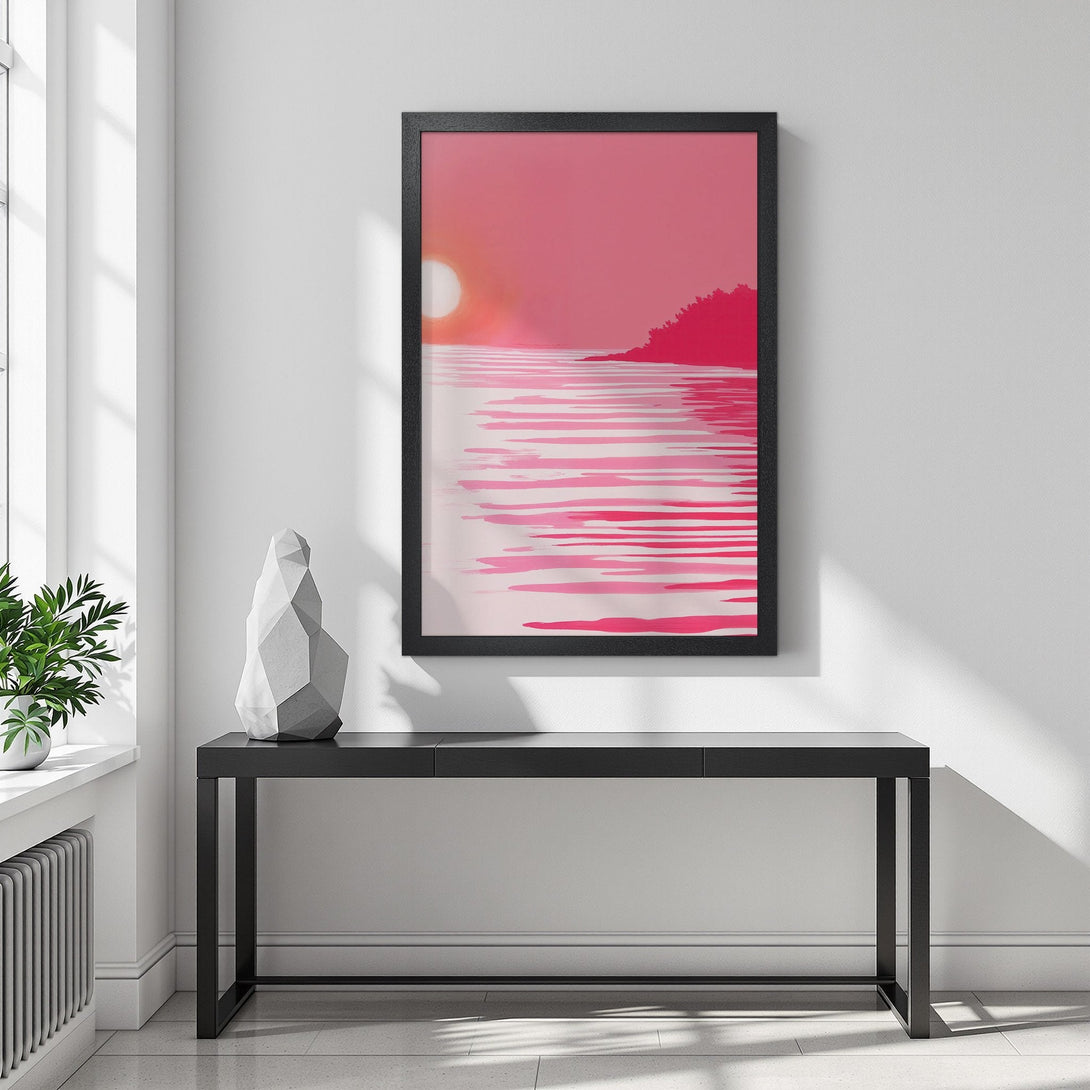 Framed Poster featuring a minimalist sunset scene in pink hues. Add a touch of serenity to your space with this art print!