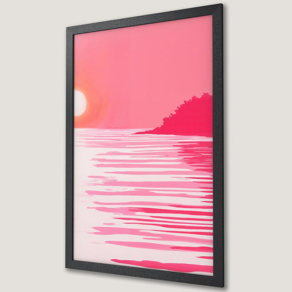 Framed Poster of a vibrant sunset over water, minimalist style, featuring a pink and coral color palette. Perfect wall art for a pop of color!