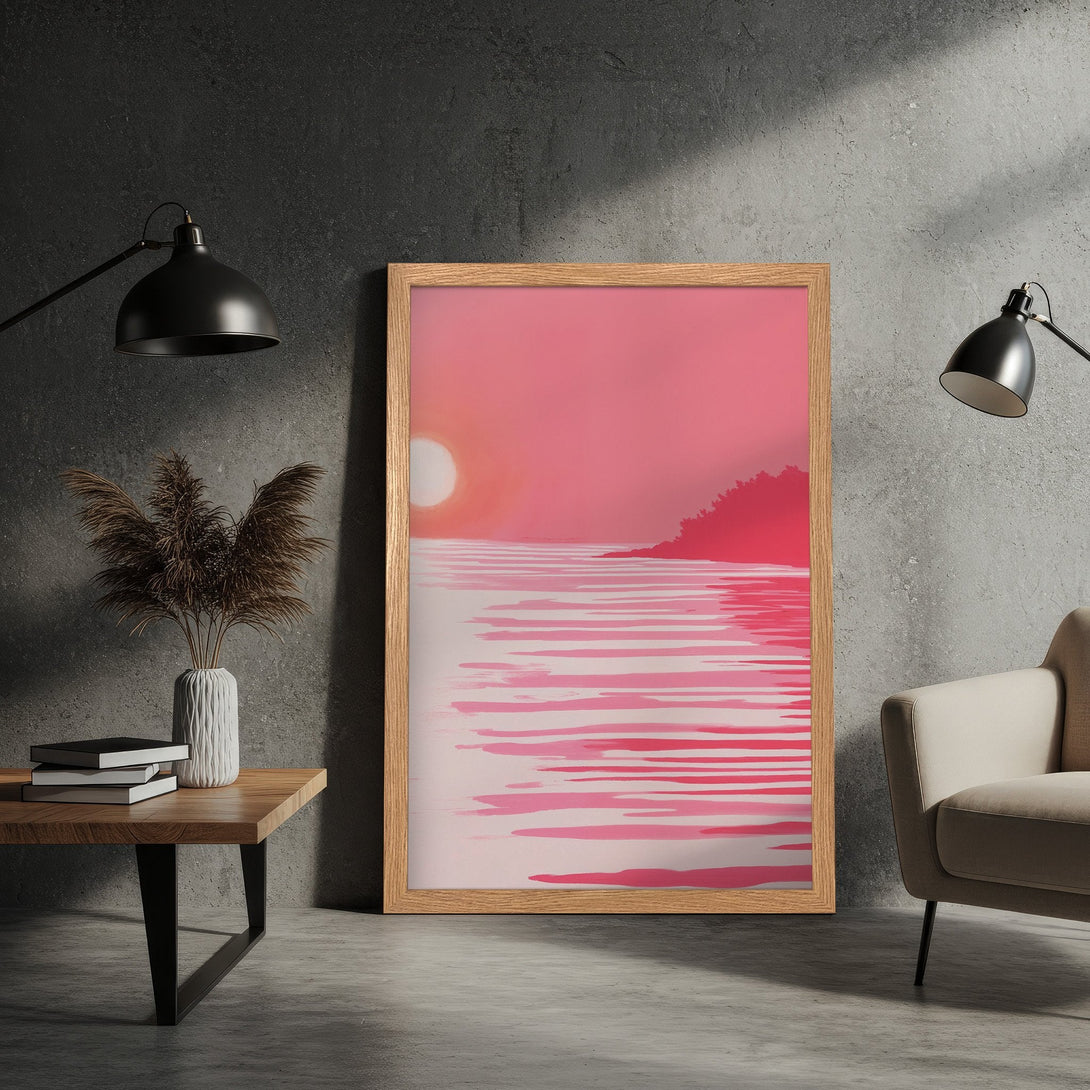Framed Poster of sunset over water, abstract style, pink and red color palette, perfect wall art.