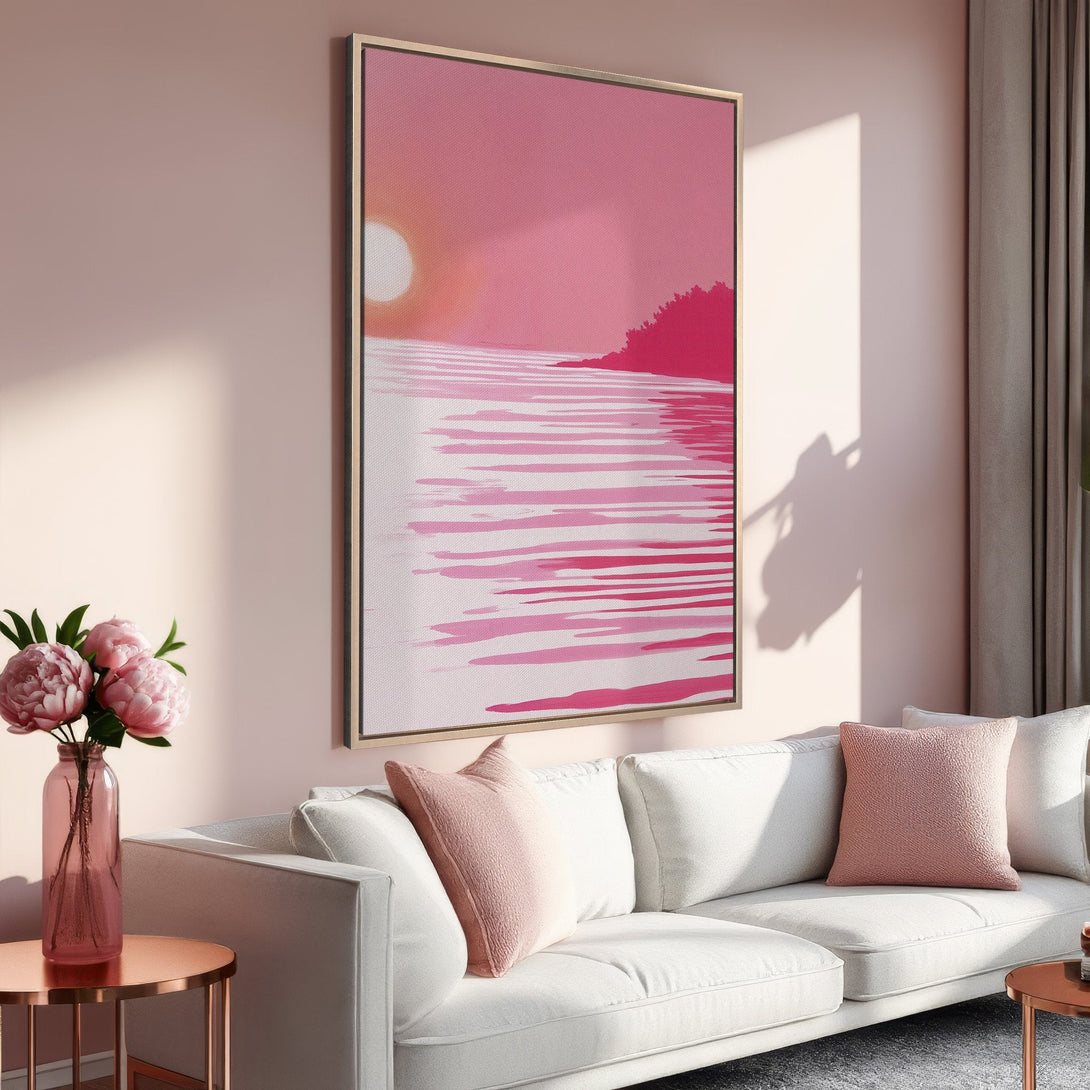 Framed Wall Art featuring a pink sunset over water. A modern, minimalist canvas print with a warm, pink color palette. Perfect for living room decor.