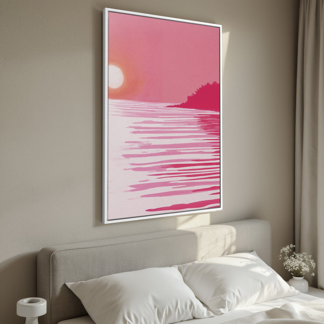 Framed Wall Art: Abstract sunset over water in pink hues. Modern canvas print adds a pop of color to any bedroom. Shop now for stylish wall decor!