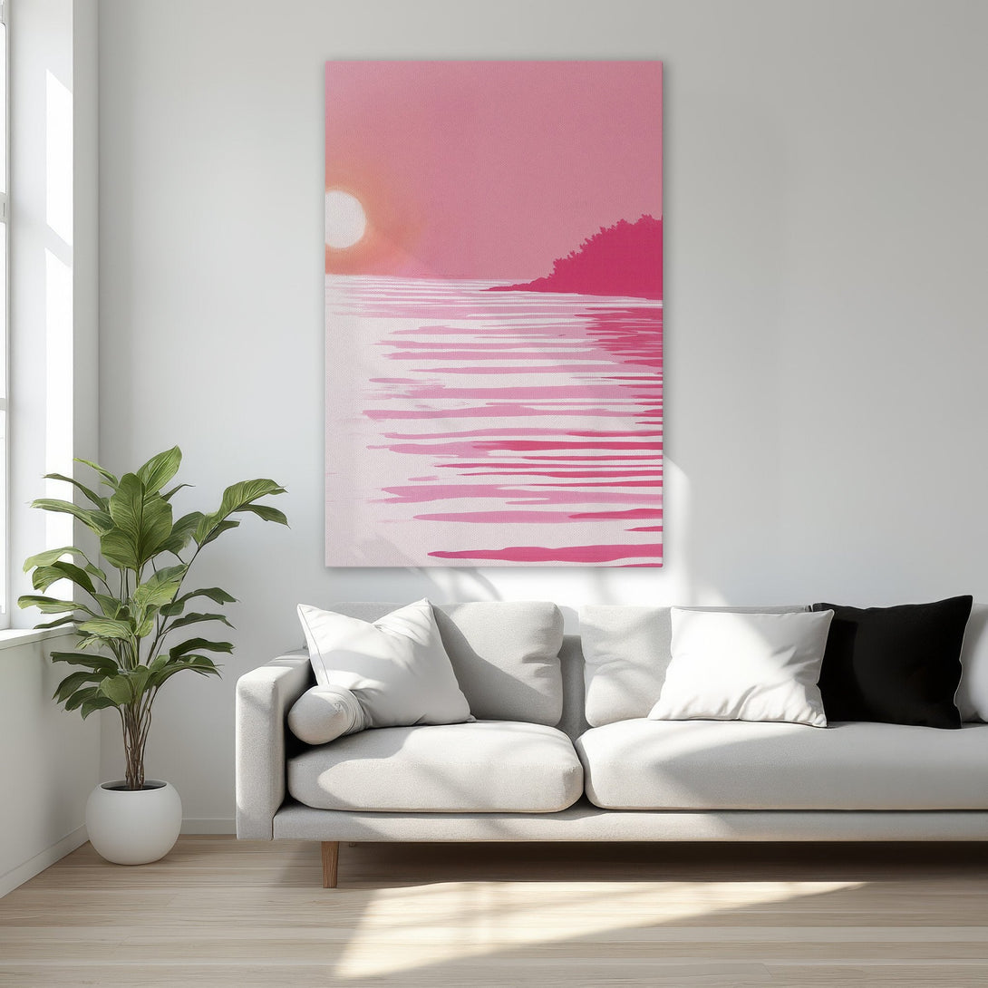 Framed Wall Art: Pink sunset landscape canvas print. Modern art with a vibrant pink color palette, perfect for bedroom decor.