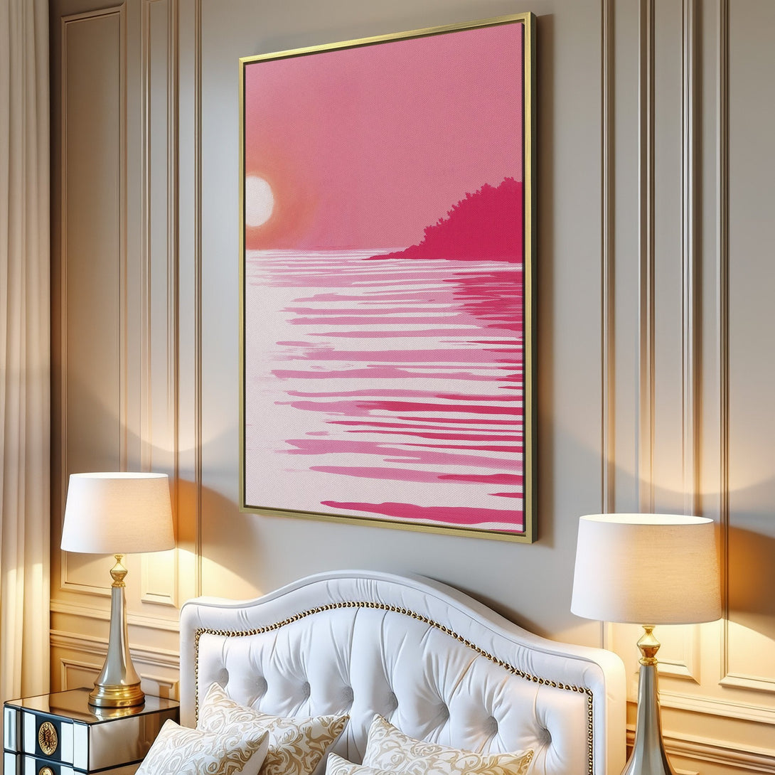 Canvas Print of a pink sunset over water, minimalist style, displayed in a modern living room. Perfect wall art for a calming space.