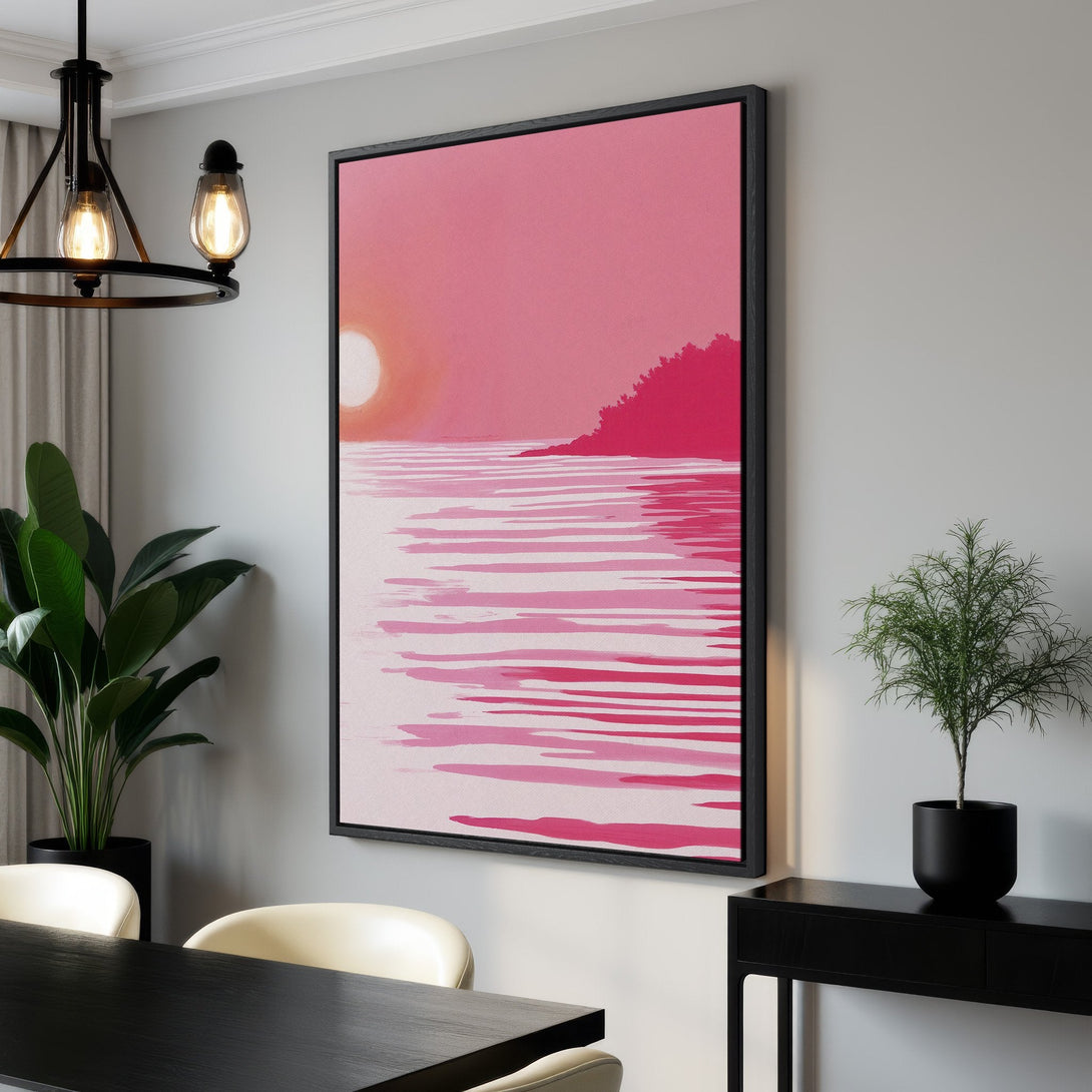 Framed Wall Art: Abstract sunset over water in pink hues. Modern canvas print adds a pop of color and style to any room. Shop now!