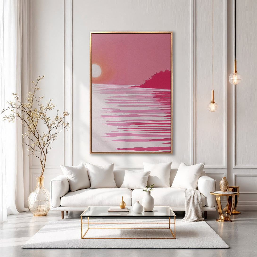 Framed Wall Art: Pink sunset landscape canvas print adds a touch of serenity. Modern style, warm pink and gold tones, perfect for living room decor.