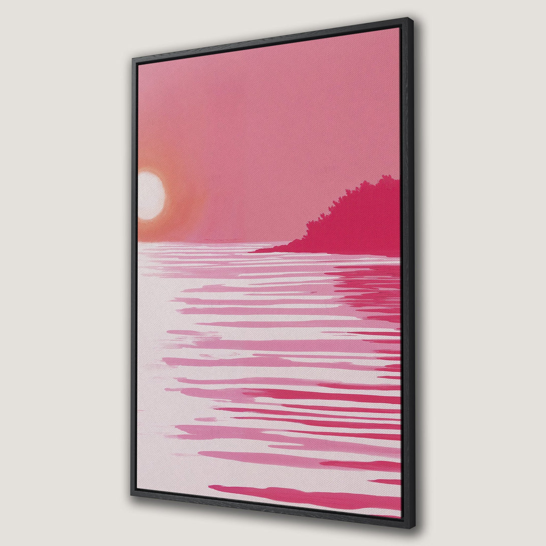 Framed Wall Art featuring a pink sunset over water. Abstract landscape painting with a minimalist style and a warm, monochromatic pink color palette. Perfect wall decor!