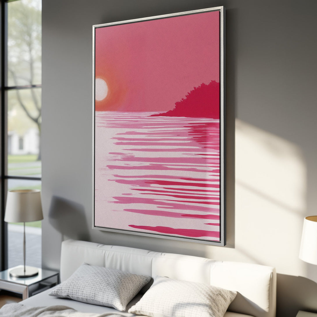 Framed Wall Art: Abstract sunset landscape in pink hues. Modern canvas print adds a pop of color and style to any room. Shop now for art!