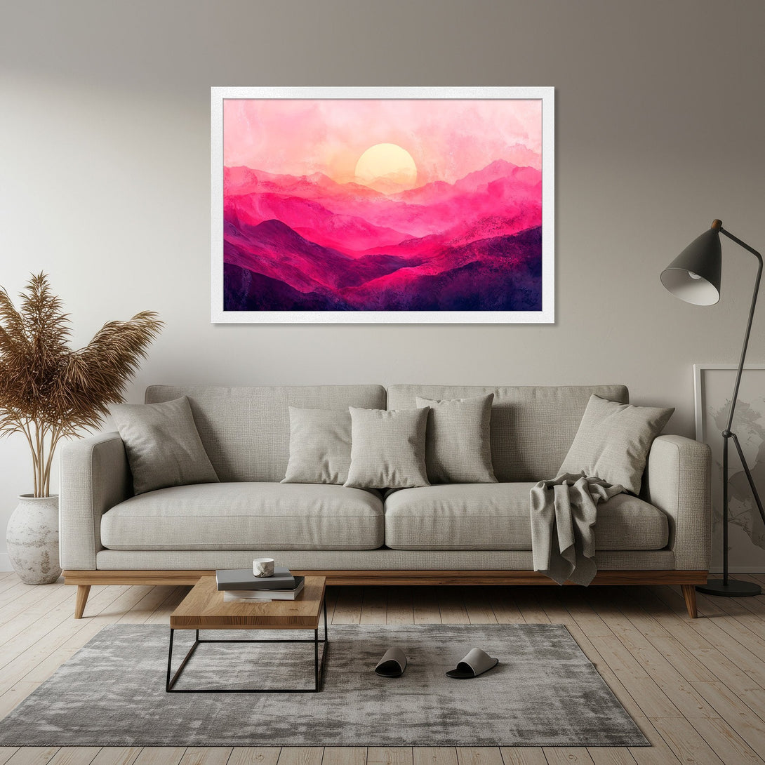 Framed Poster of a vibrant sunset over mountains, abstract style, featuring pink and purple hues. Perfect wall art!