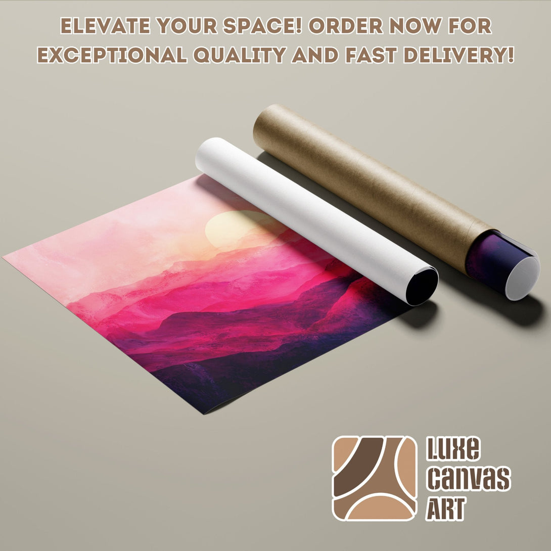 Poster Roll featuring a vibrant pink landscape art print. Elevate your space with Luxe Canvas Art!