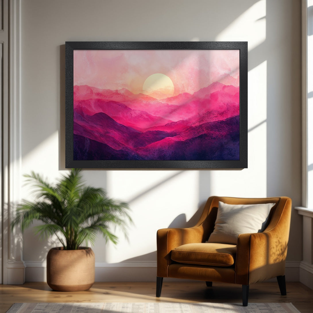 Framed Poster of abstract sunset landscape art in pink and purple tones. Modern home decor.