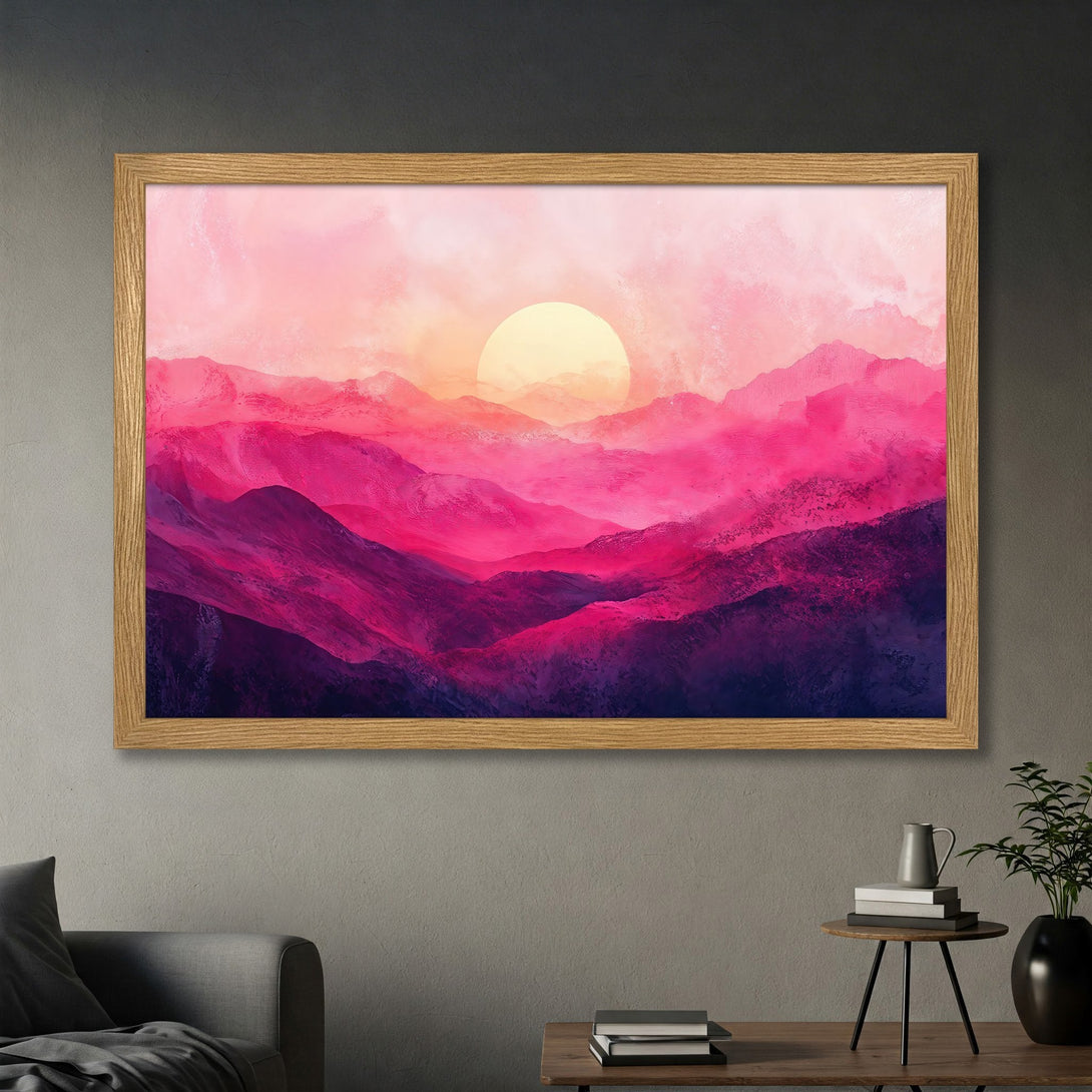 Framed Poster of a vibrant sunset landscape in pink and purple hues. Abstract art style, perfect wall decor.