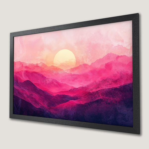 Framed Poster of a vibrant sunset over mountains, painted in a dreamy, watercolor style with pink and purple hues.