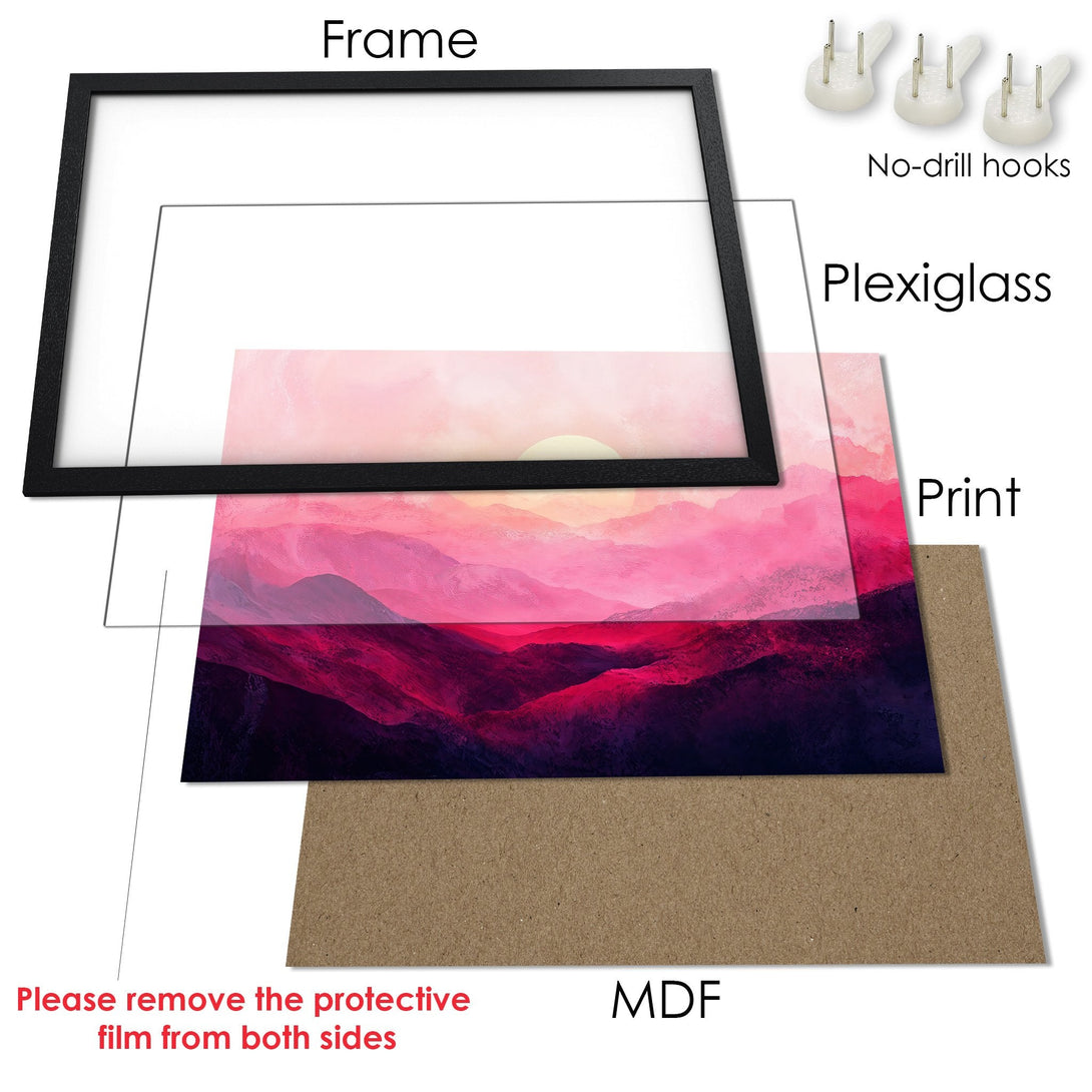 Framed Poster with a pink and purple mountain landscape print, modern style. Ready to hang art.