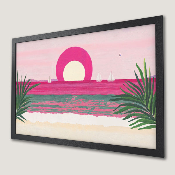 Framed Poster featuring a vibrant sunset beach scene in a retro style with pink, green, and white hues.