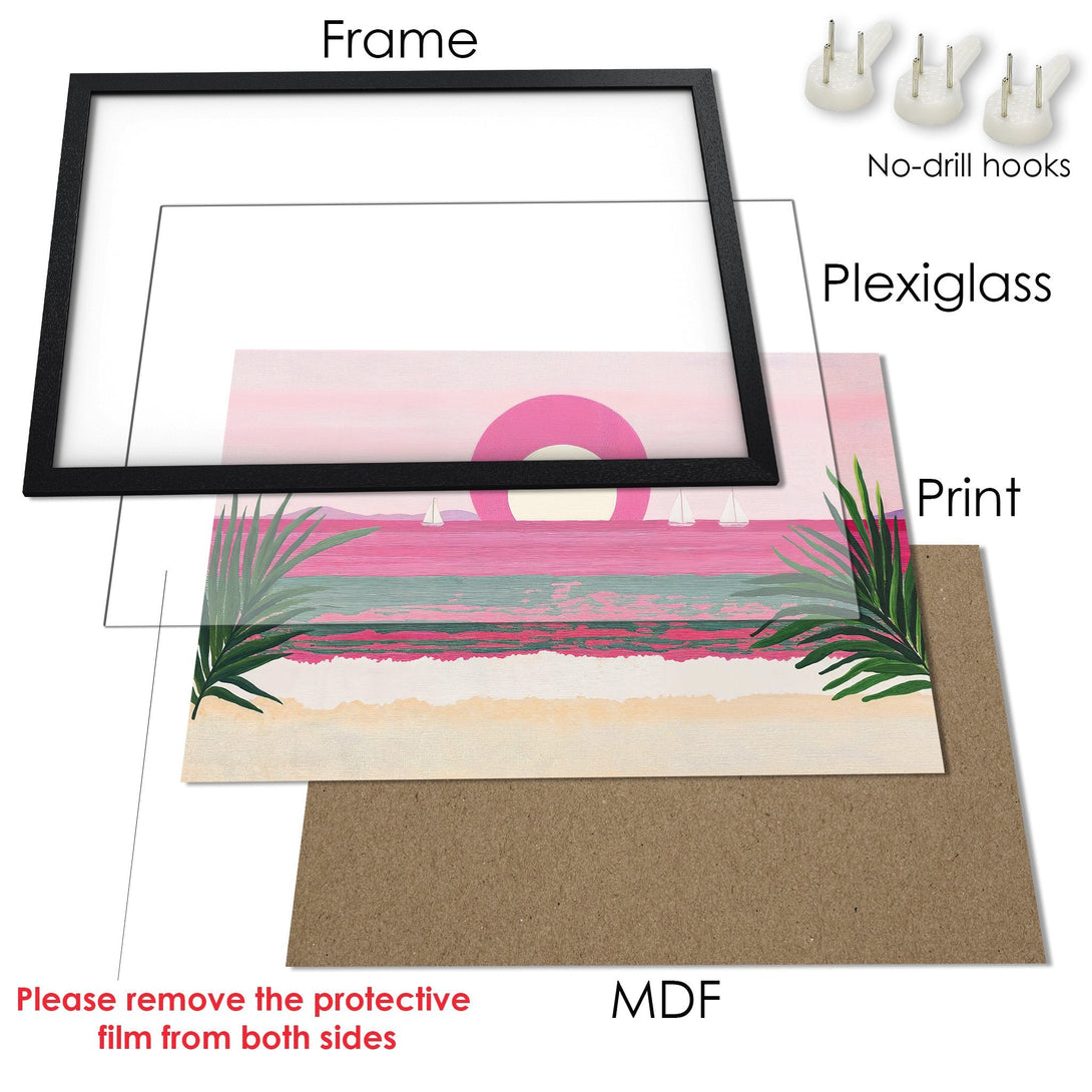 Framed Poster art print featuring a beach scene with pink and green hues. Modern style, ready to hang.
