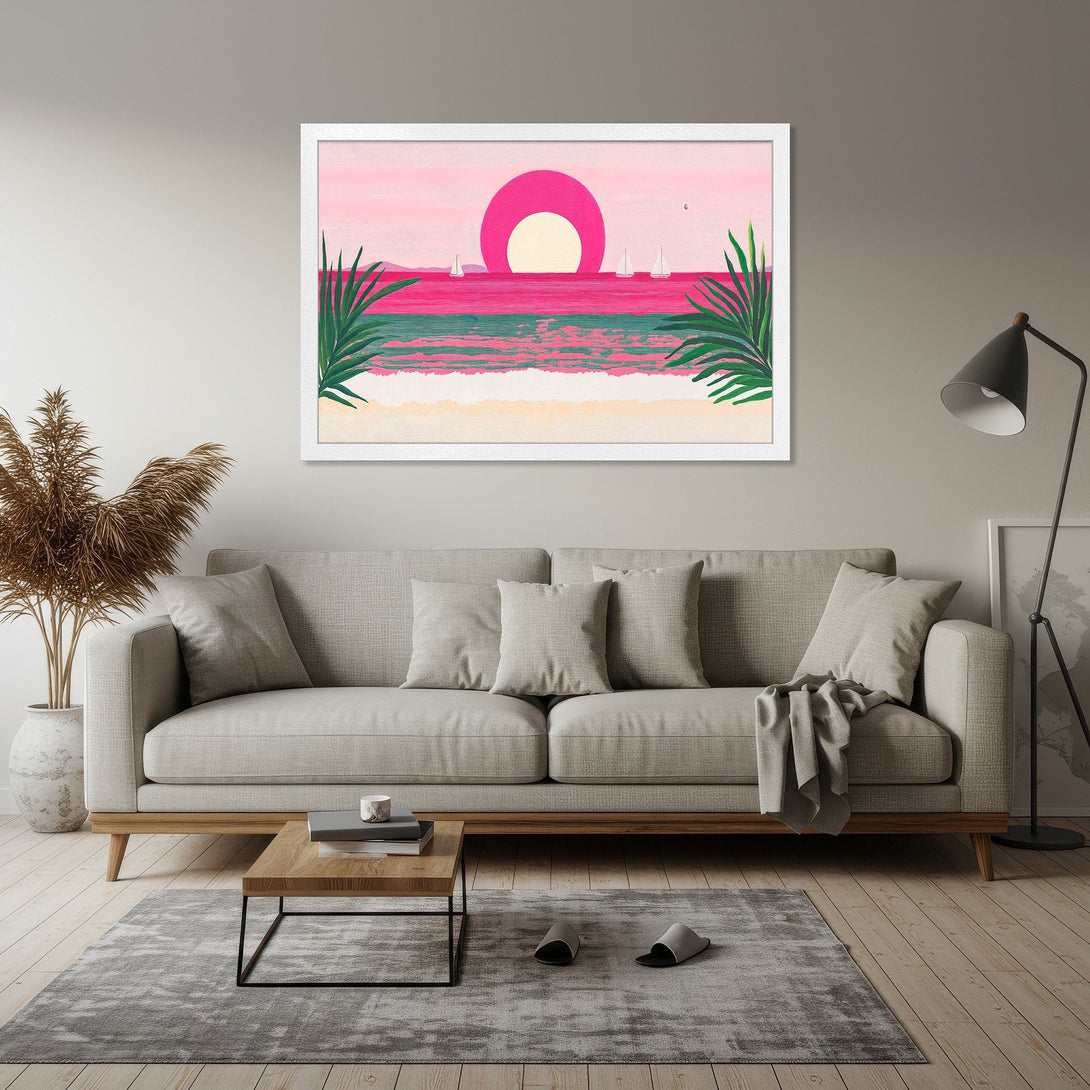 Framed Poster: Sunset beach scene art print in pink, green, and white. Modern style, perfect for home decor.