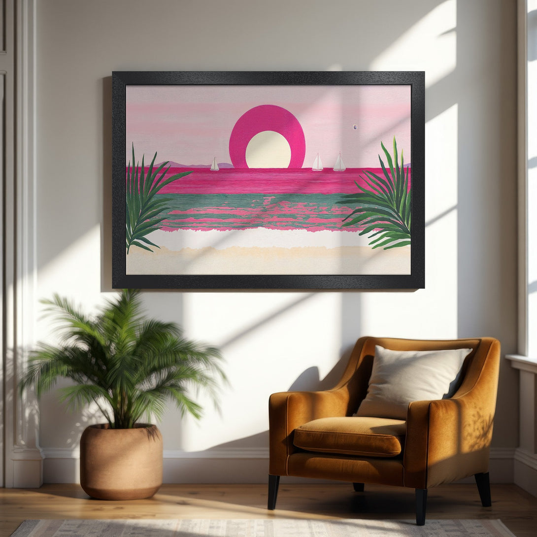 Framed Poster featuring a vibrant sunset scene with pinks, greens, and a retro style. Perfect wall art to brighten any space!