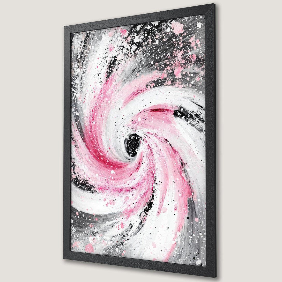 Framed Poster featuring an abstract swirl design in pink, white, black, and gray. Modern art style, perfect for home decor.