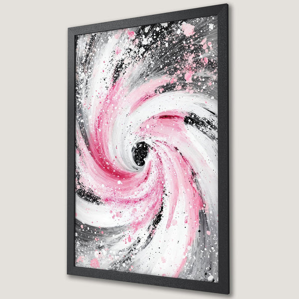 Framed Poster featuring an abstract swirl design in pink, white, black, and gray. Modern art style, perfect for home decor.