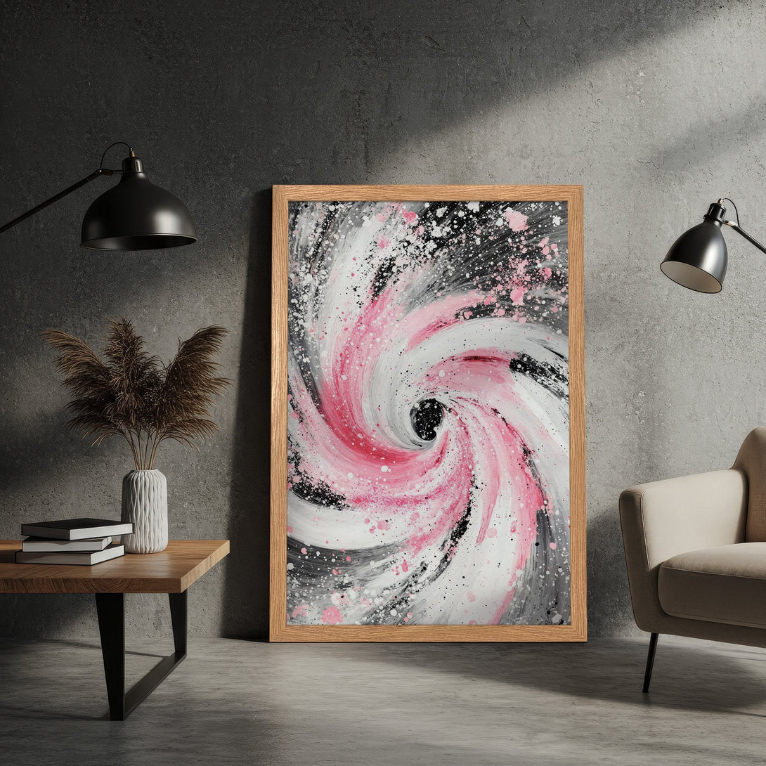 Framed Poster featuring abstract pink, white, and black artwork. Modern art print for home decor. Enhance your space with this stylish poster.
