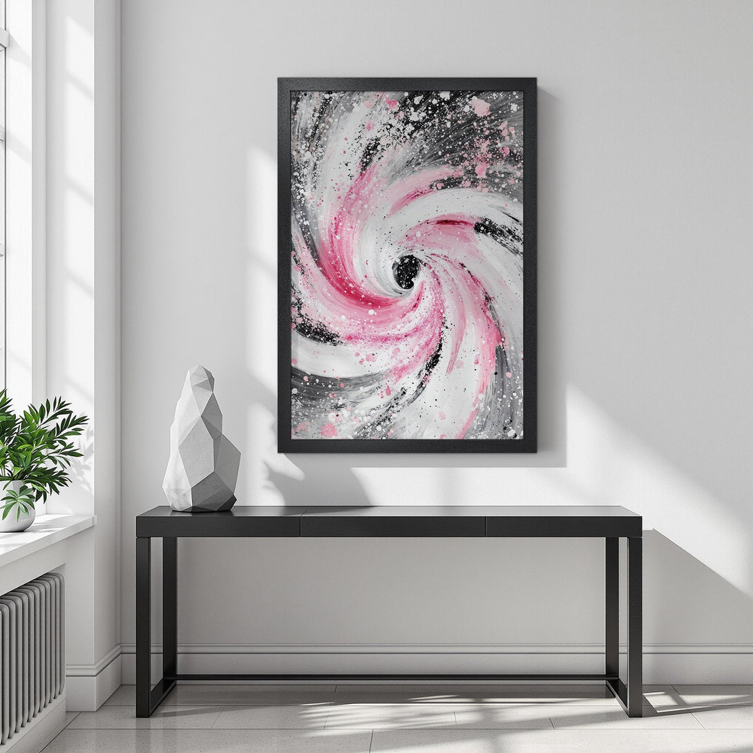 Framed Poster featuring abstract swirl art in pink, black, and white. Modern decor, perfect for adding a pop of color to your space.