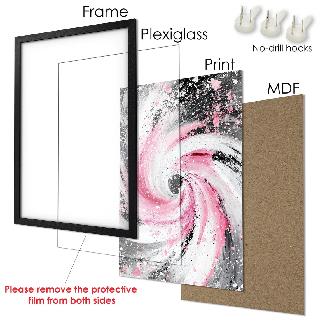 Framed Poster featuring an abstract swirl design in pink, black, and white. Modern art print for home decor.