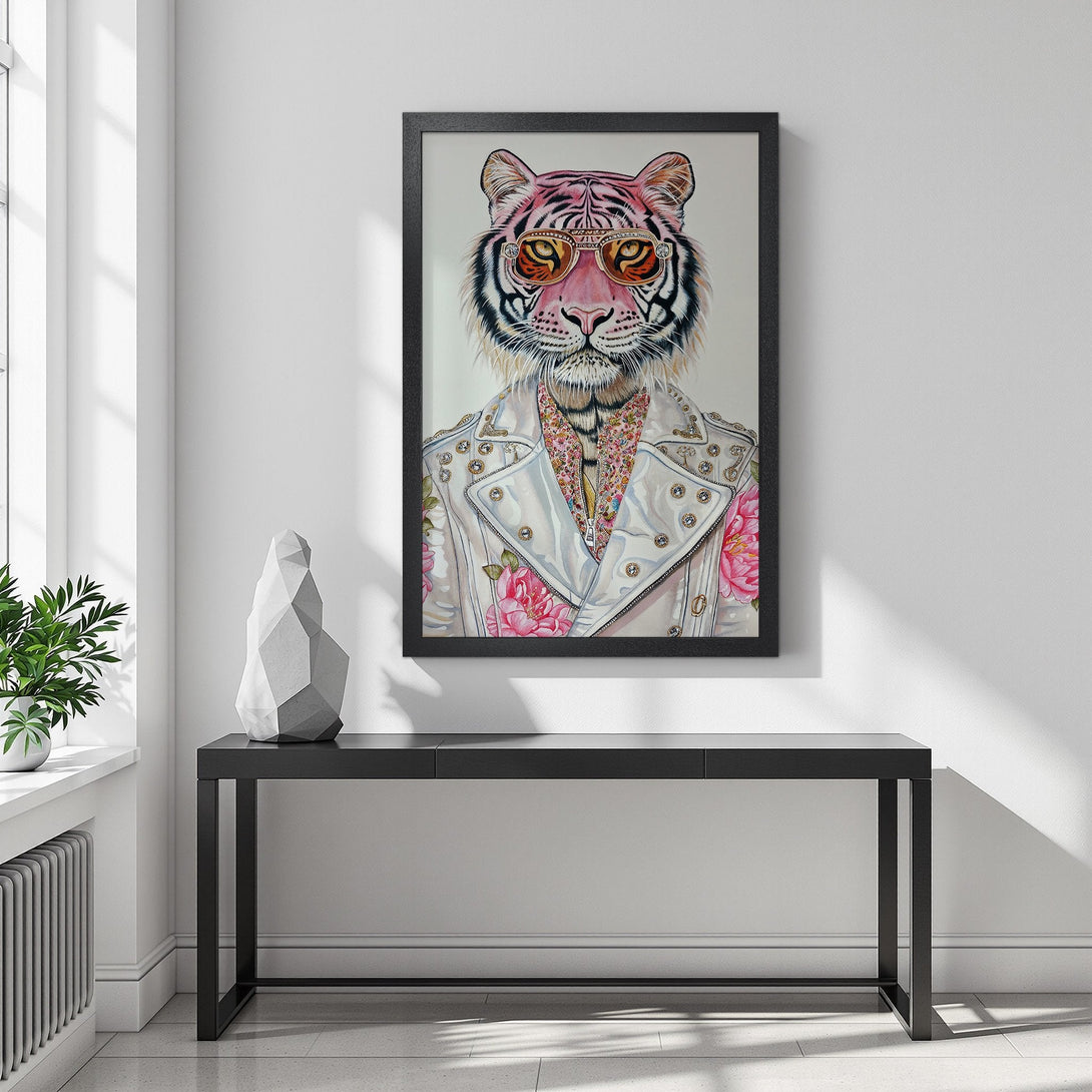 Framed Poster of a stylish tiger wearing sunglasses. Modern art with a pink, white, and black color palette. Perfect wall decor.