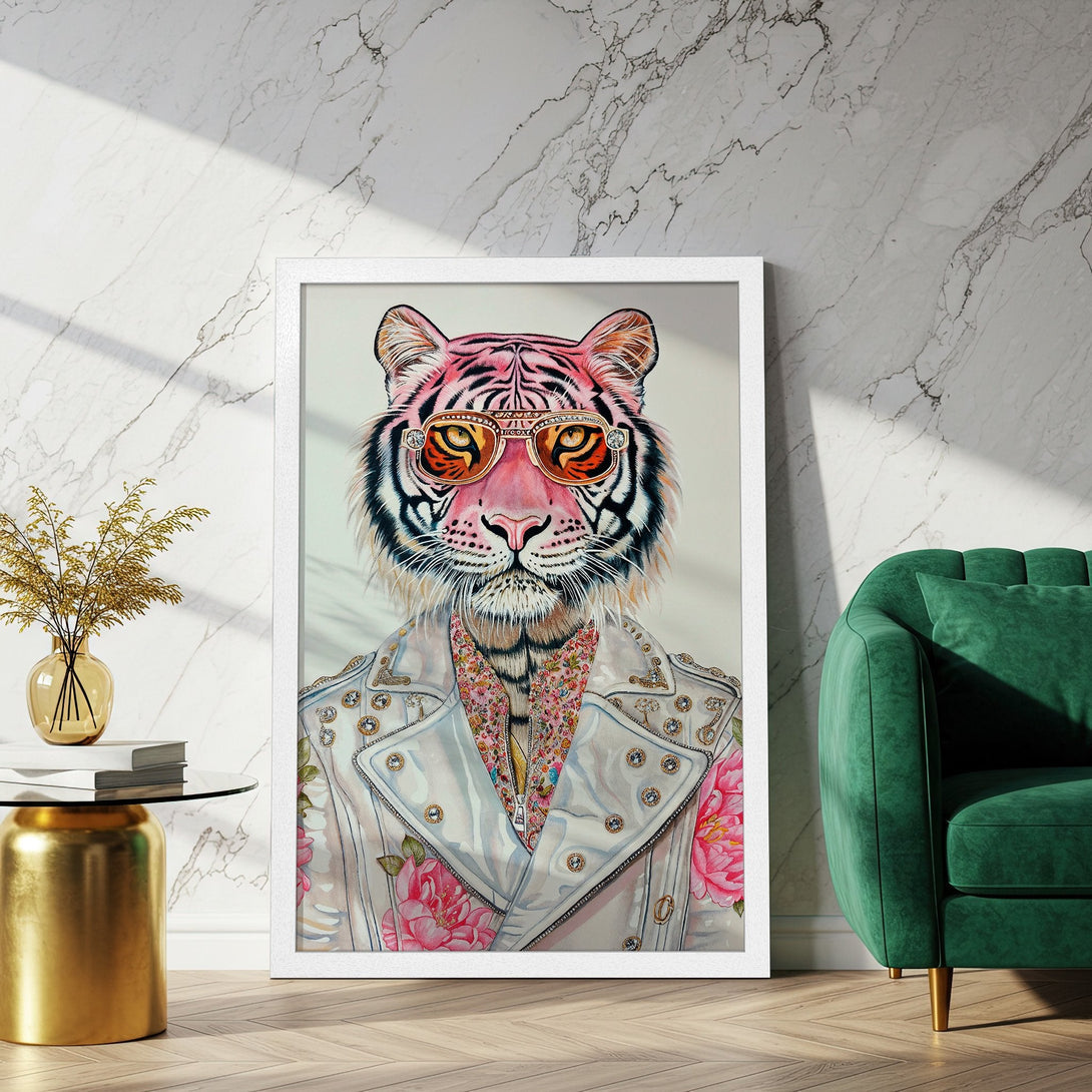 Framed Poster featuring a stylish tiger in sunglasses, watercolor style, with a pink and white color palette. Add a touch of wild luxury to your decor!