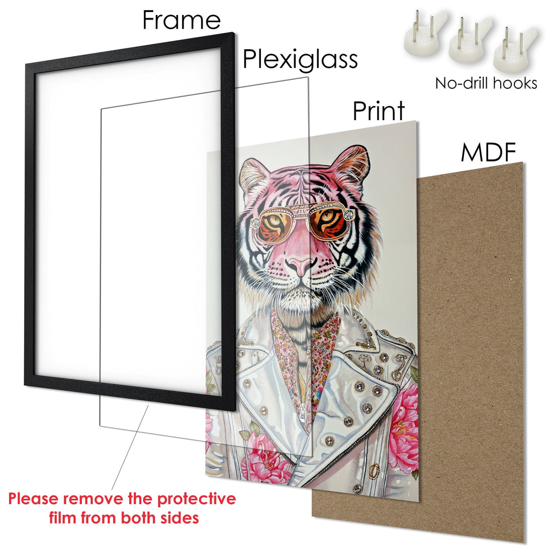 Framed Poster featuring a stylish tiger in a vibrant, colorful watercolor style. Perfect wall art!
