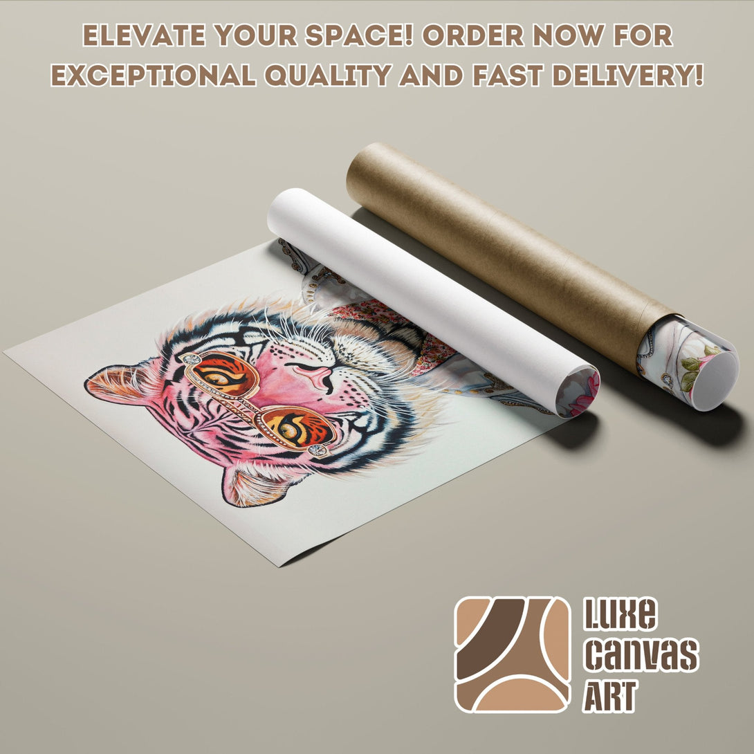 Tiger Poster Roll art print in pink & brown tones. Elevate your space with Luxe Canvas Art!