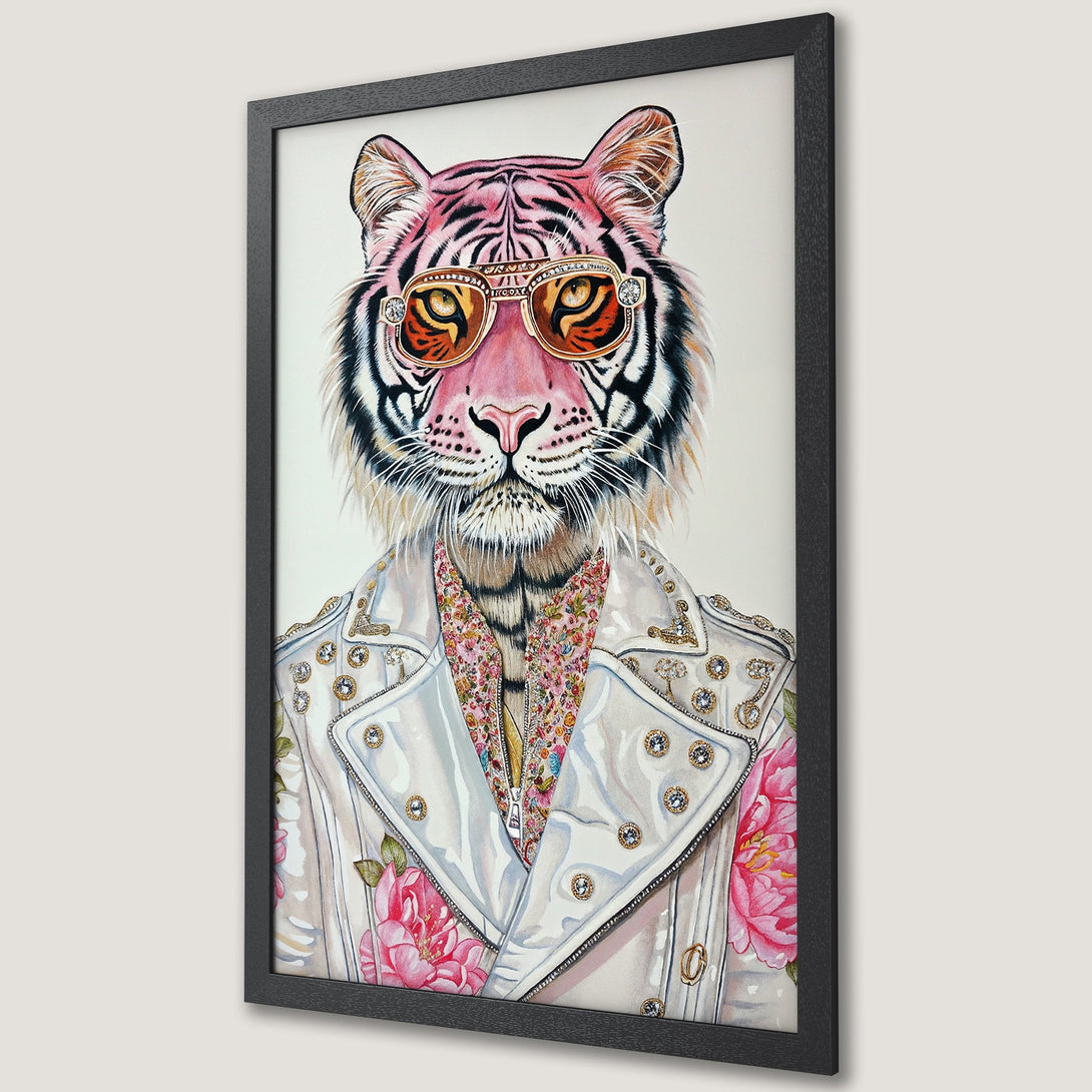 Framed Poster featuring a stylish tiger in sunglasses, watercolor style, with a pink and gold color palette. Perfect wall art!
