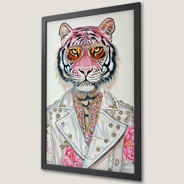 Framed Poster featuring a stylish tiger in sunglasses, watercolor style, with a pink and gold color palette. Perfect wall art!