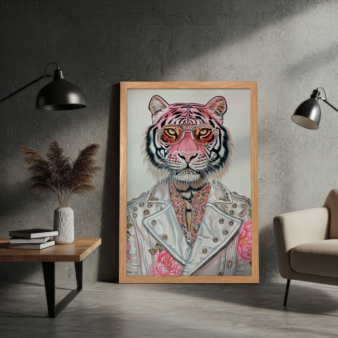 Framed Poster featuring a stylish tiger in sunglasses. Modern art with a pink and white color palette. Unique wall decor.