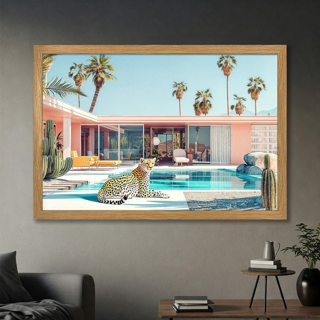 Framed Poster featuring a leopard by a pool in a mid-century modern style, with a pink and blue color palette.