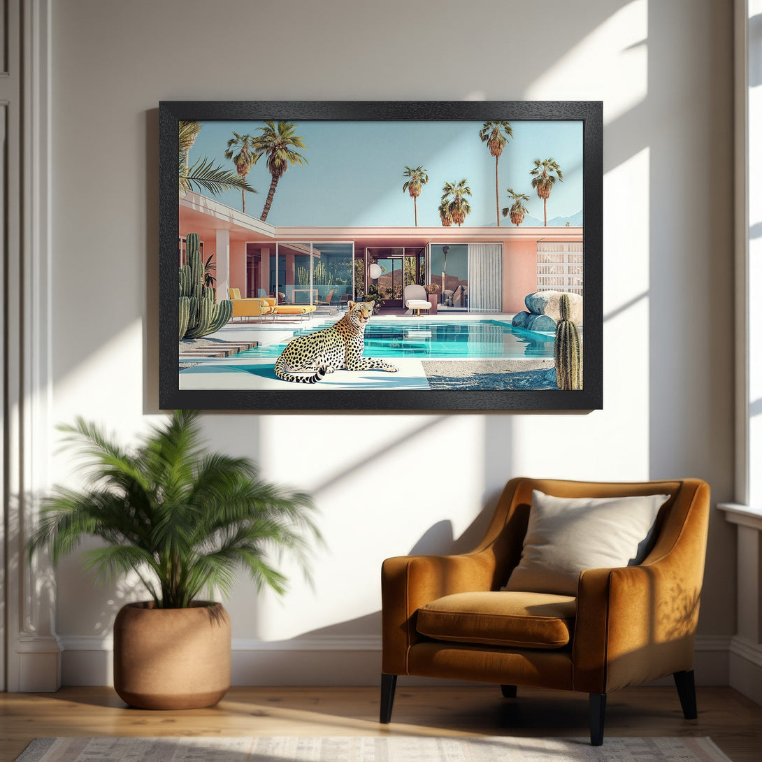 Framed Poster of a leopard by a pool in a mid-century modern style. Pastel color palette with a touch of luxury.