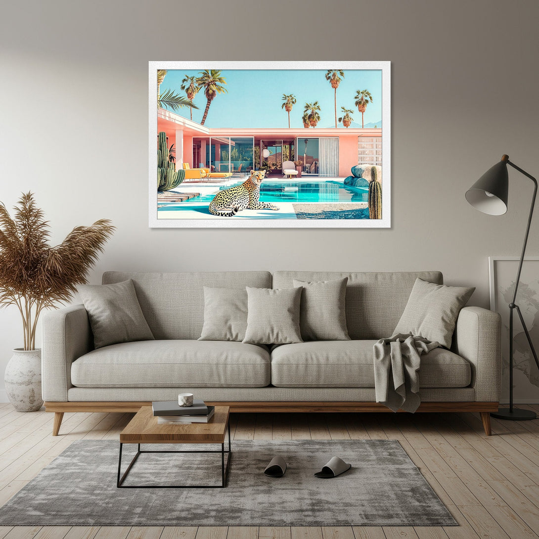 Framed Poster featuring a leopard by a pool, mid-century modern style, with a vibrant pink and turquoise color palette.